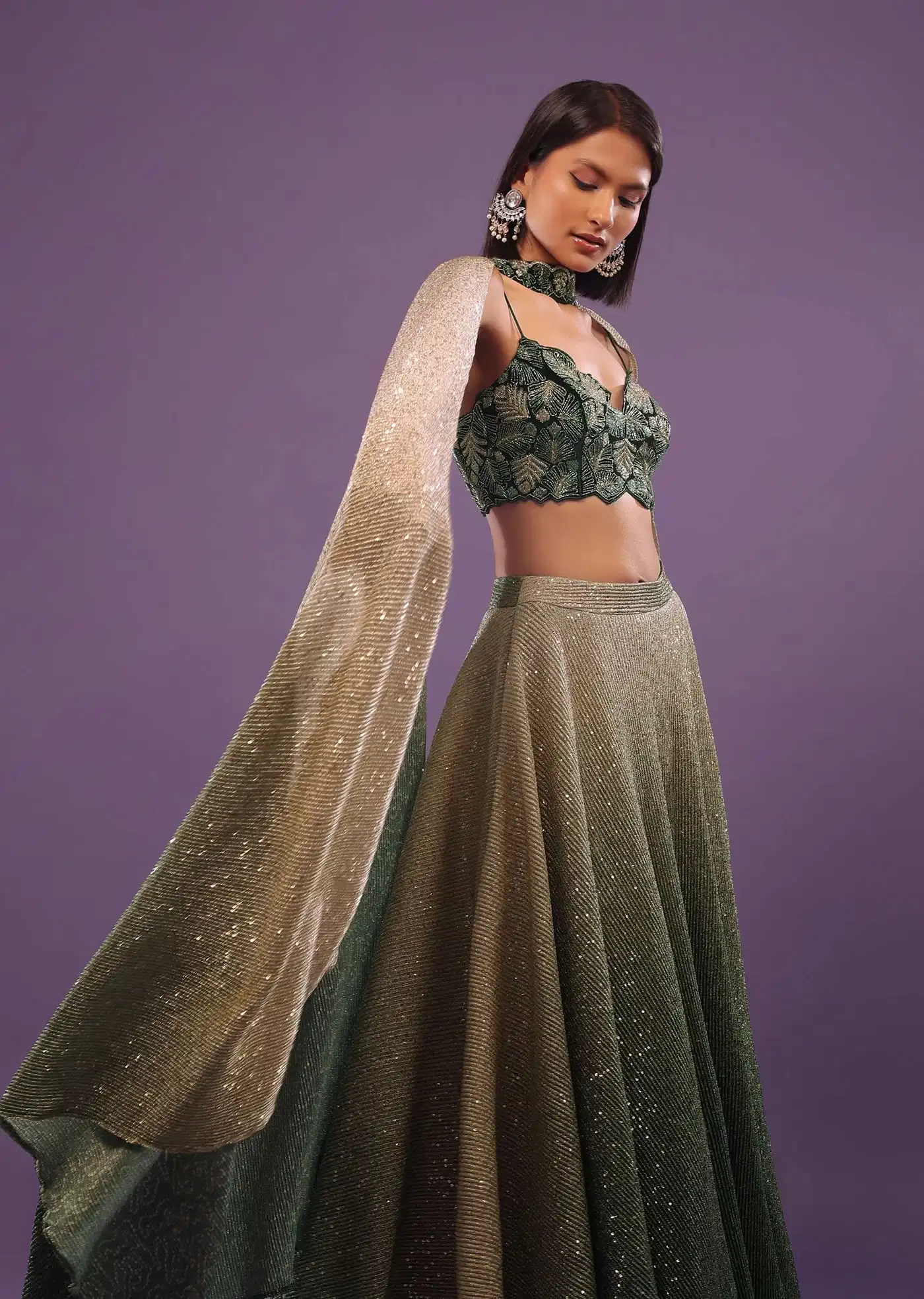 Deep Green Ombre And Gold Embroidered Lehenga Set With Sequins Embroidery