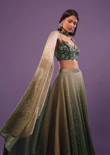 Deep Green Ombre And Gold Embroidered Lehenga Set With Sequins Embroidery