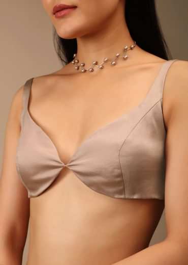 Shadow Grey Backless Blouse In Satin With Plunging Sweetheart Neckline And Curved Hem