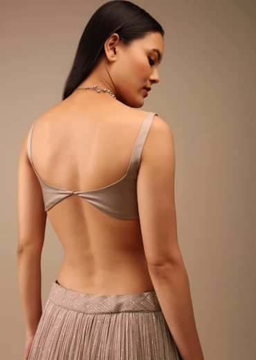 Shadow Grey Backless Blouse In Satin With Plunging Sweetheart Neckline And Curved Hem