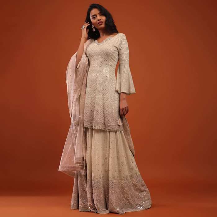 Shell Pink Embroidered Georgette Sharara Suit