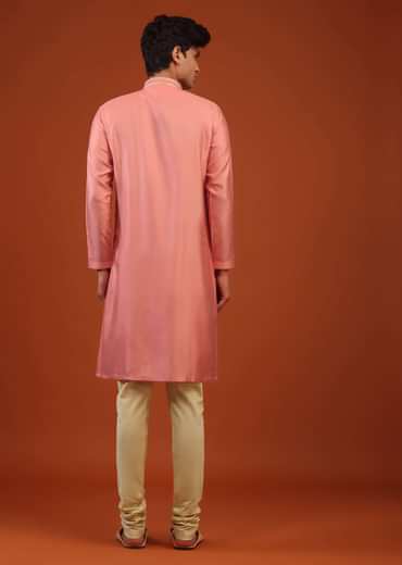 Coral Pink Thread Embroidered Silk Kurta Set