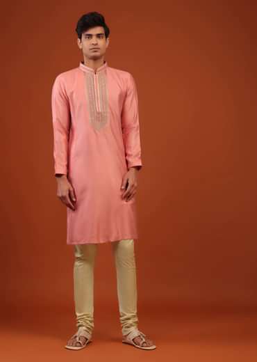 Coral Pink Thread Embroidered Silk Kurta Set