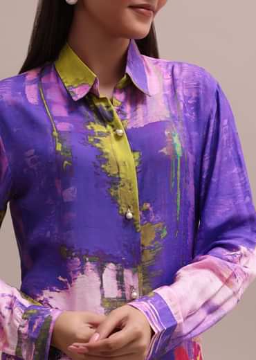 Shell Worked Pastel Purple Linen Summer Co-ord Set With Abstract Floral Prints