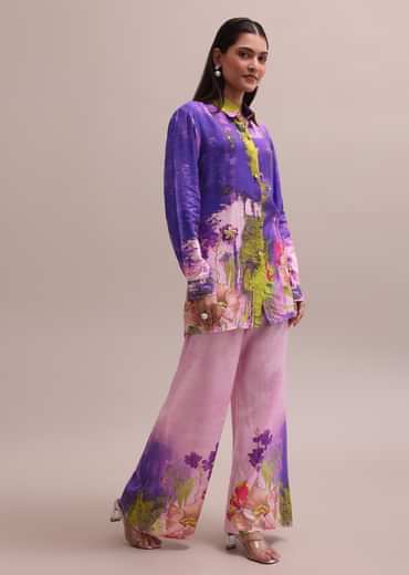 Shell Worked Pastel Purple Linen Summer Co-ord Set With Abstract Floral Prints
