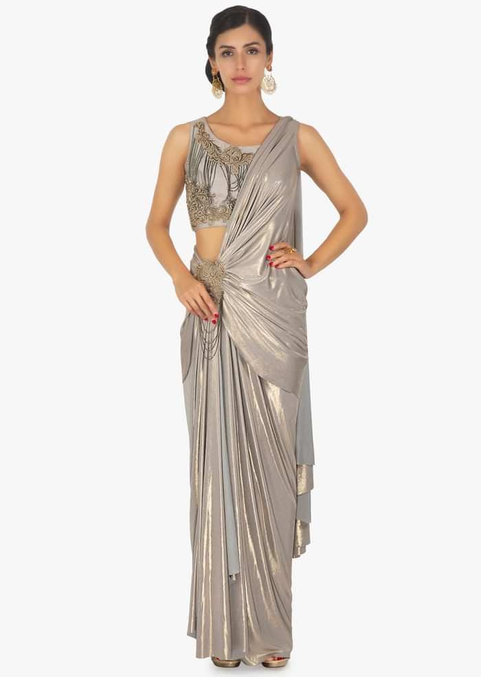 Shimmer Lycra saree skirt with pre stitched pallo in zari patch  with chain dangler only on Kalki