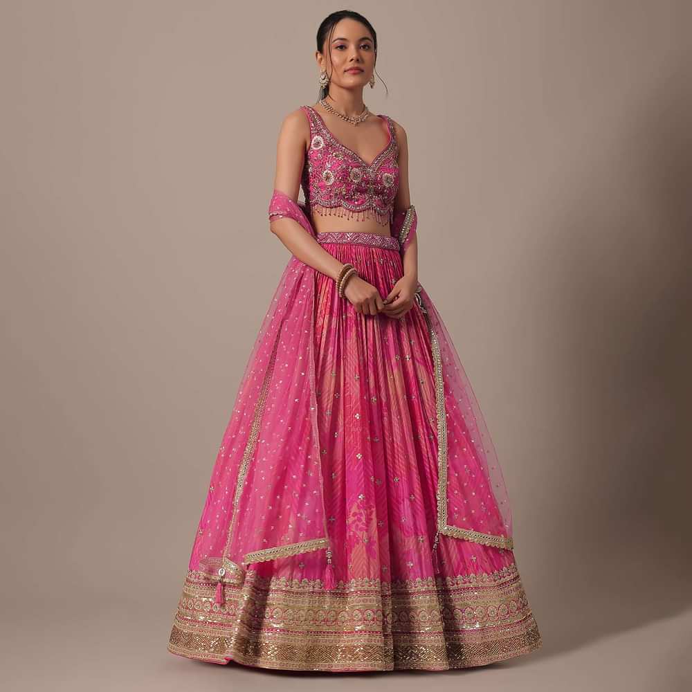 Pink Net Hand Embroidered Lehenga Set