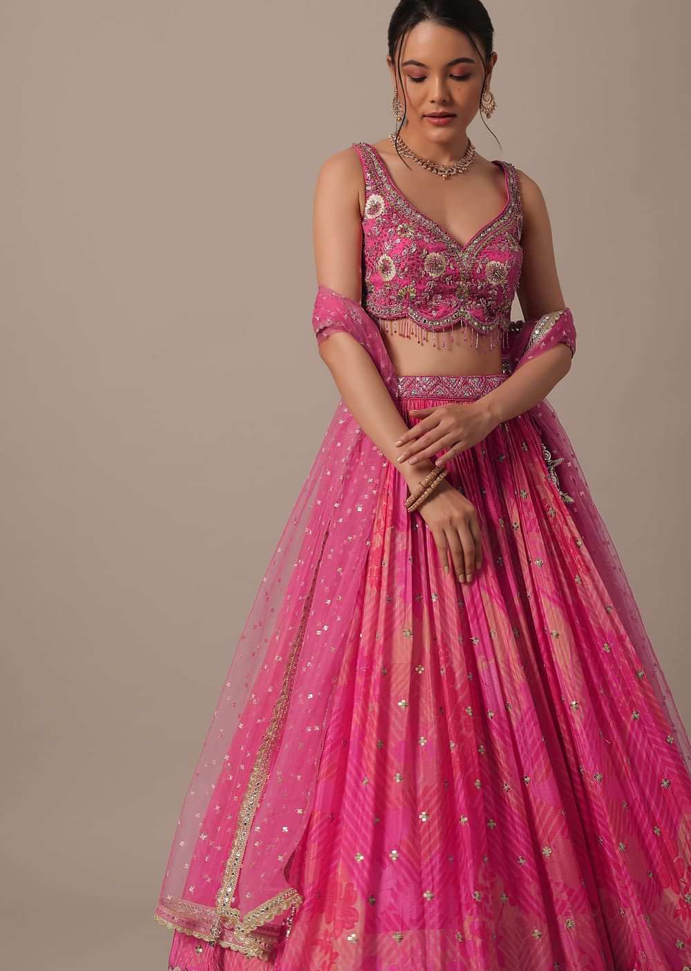 Pink Net Hand Embroidered Lehenga Set