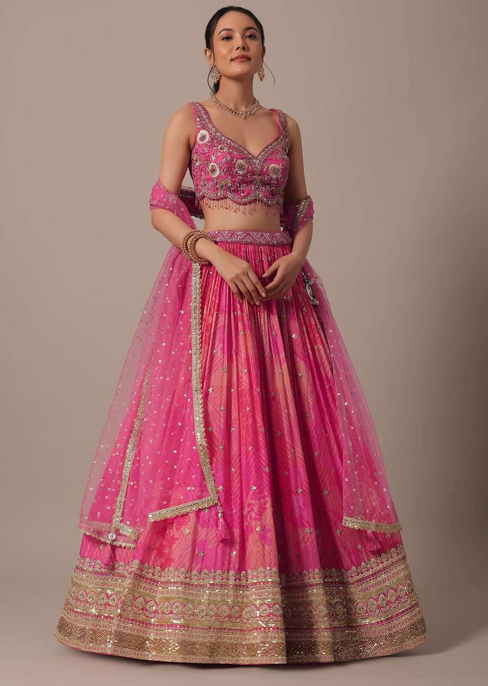 Pink Net Hand Embroidered Lehenga Set