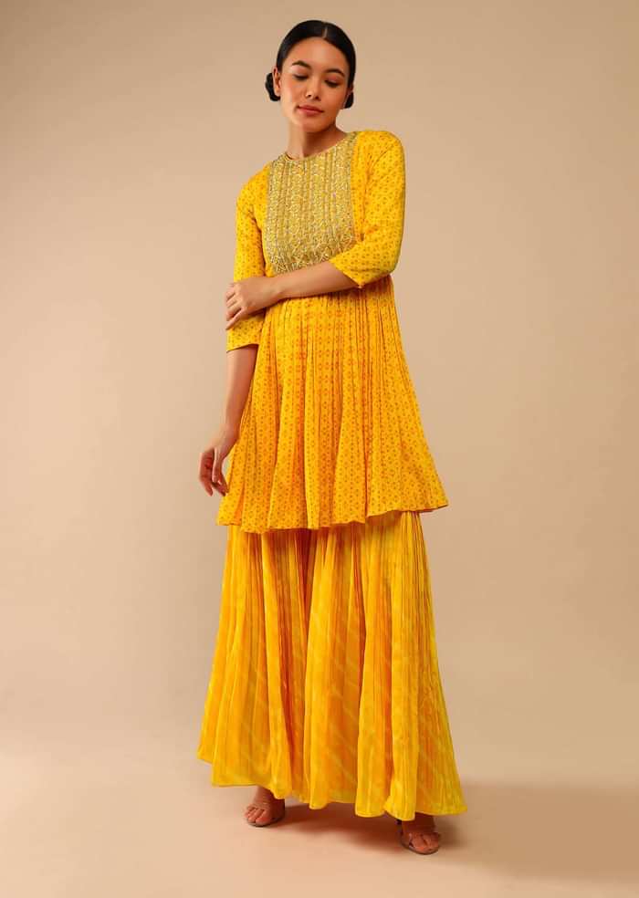 Honey Yellow Sharara Suit In Crepe With Bandhani And Lehariya Print Paired With Moti Embroidered Peplum Kurti