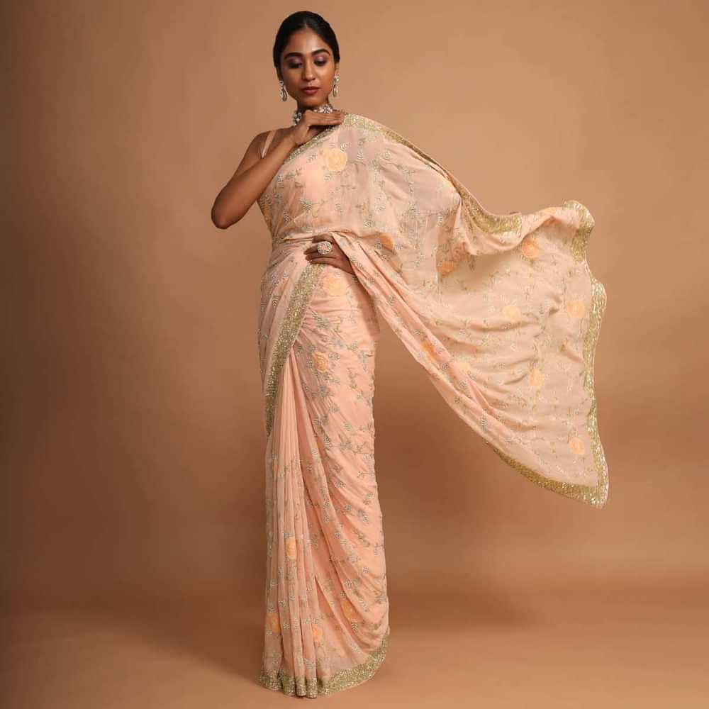 Shrimp Peach Saree In Shimmer Georgette With Appliqued Flowers And Zari Embroidered Floral Jaal Online - Kalki Fashion