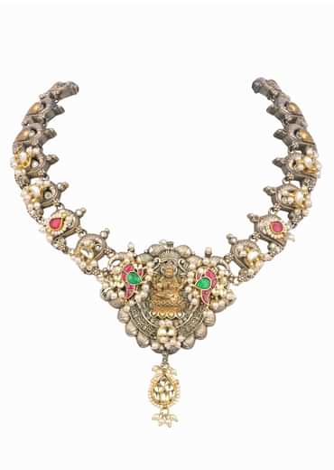 Silver And Multicolor Oxidized Ethnic Boho Necklace Set In Mix Metal Silver And Multicolor Oxidized Ethnic Boho Necklace Set In Mix Metal