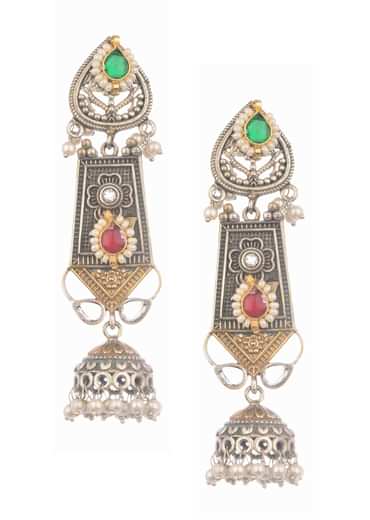 Silver And Multicolor Oxidized Ethnic Boho Necklace Set In Mix Metal Silver And Multicolor Oxidized Ethnic Boho Necklace Set In Mix Metal