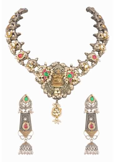 Silver And Multicolor Oxidized Ethnic Boho Necklace Set In Mix Metal Silver And Multicolor Oxidized Ethnic Boho Necklace Set In Mix Metal