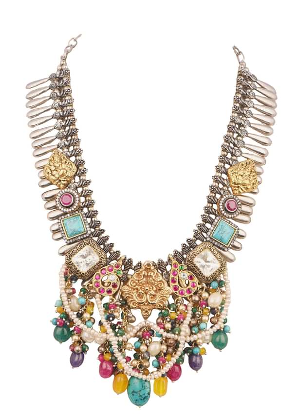 Silver And Multicolor Oxidized Ethnic Necklace In Mix Metal Silver And Multicolor Oxidized Ethnic Necklace In Mix Metal