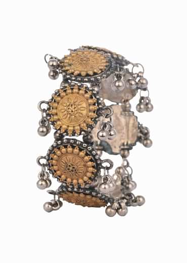 Silver And Yellow  Oxidized Bangles In Mix Metal