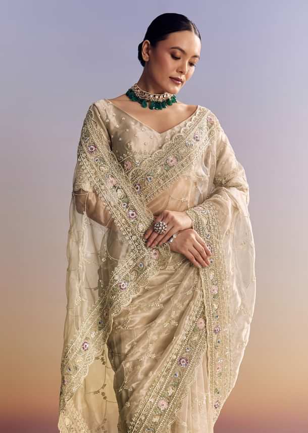 Silver Glass Tissue Saree With Jaal Work And Multicolor Sequin Embroidery