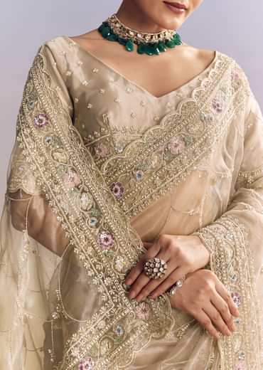 Silver Glass Tissue Saree With Jaal Work And Multicolor Sequin Embroidery