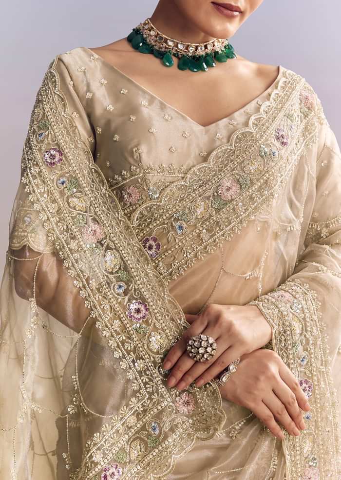 Silver Glass Tissue Saree With Jaal Work And Multicolor Sequin Embroidery