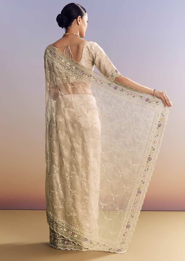 Silver Glass Tissue Saree With Jaal Work And Multicolor Sequin Embroidery