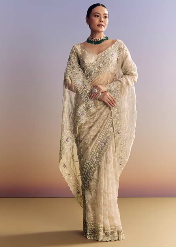 Silver Glass Tissue Saree With Jaal Work And Multicolor Sequin Embroidery