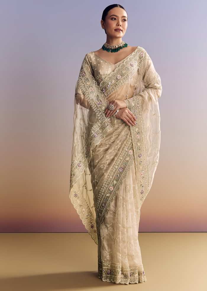 Silver Glass Tissue Saree With Jaal Work And Multicolor Sequin Embroidery