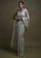 Silver Grey Saree In Zari Kota Silk With Kundan Work In Chevron And Floral Motifs Online - Kalki Fashion