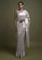 Silver Grey Saree In Zari Kota Silk With Pearl And Cut Dana Embellished Leaf Buttis Online - Kalki Fashion