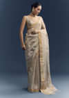 Silver Grey Tissue Organza Woven Saree With Golden Zari Work