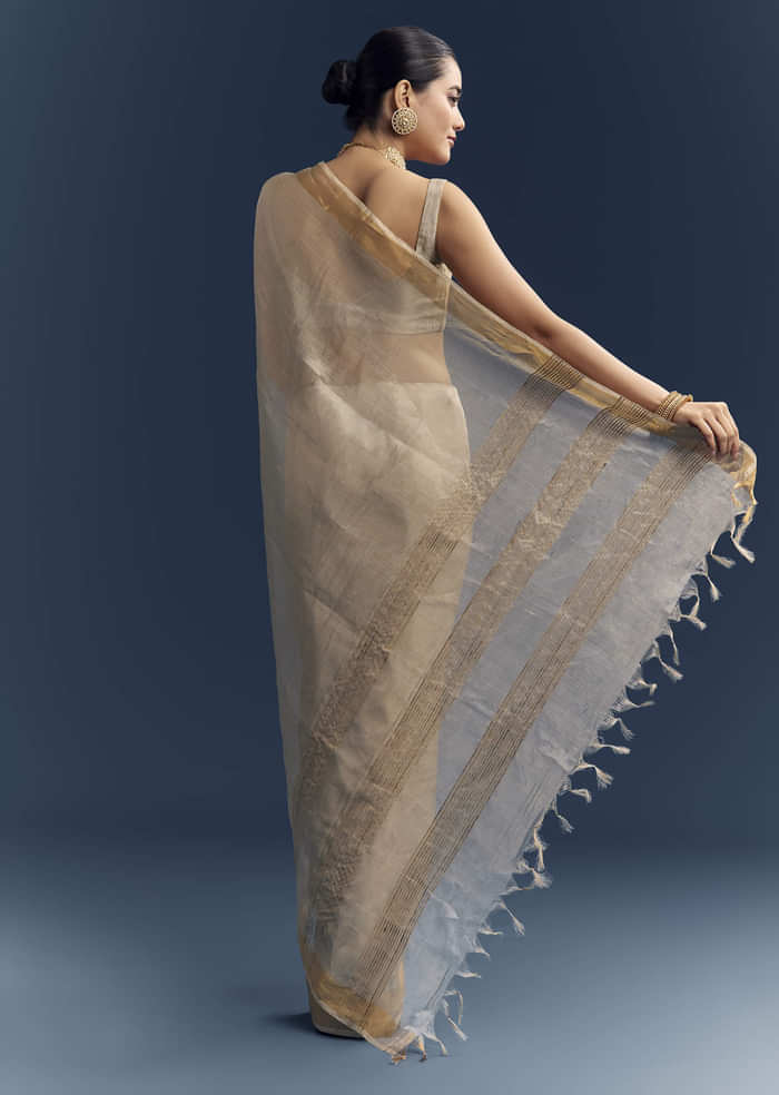 Silver Grey Tissue Organza Woven Saree With Golden Zari Work