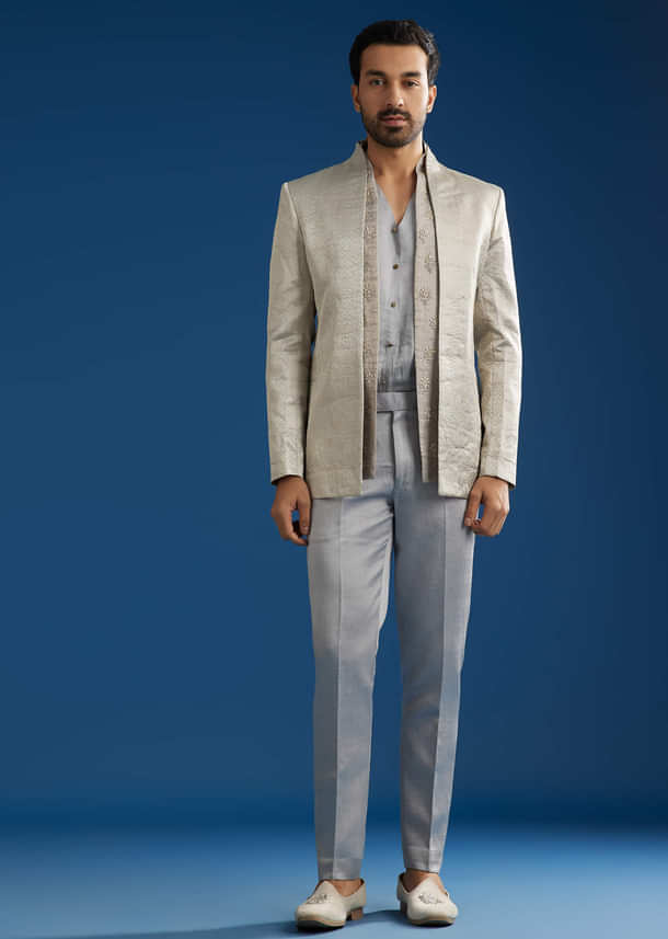 Silver Linen Satin Banarasi Jacket Kurta Set With Hand Embroidery