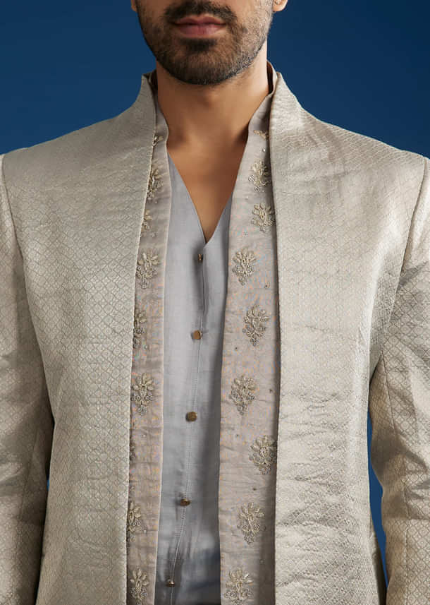 Silver Linen Satin Banarasi Jacket Kurta Set With Hand Embroidery
