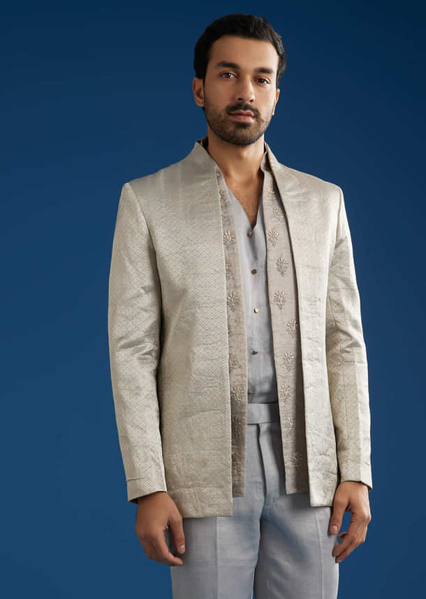 Silver Linen Satin Banarasi Jacket Kurta Set With Hand Embroidery