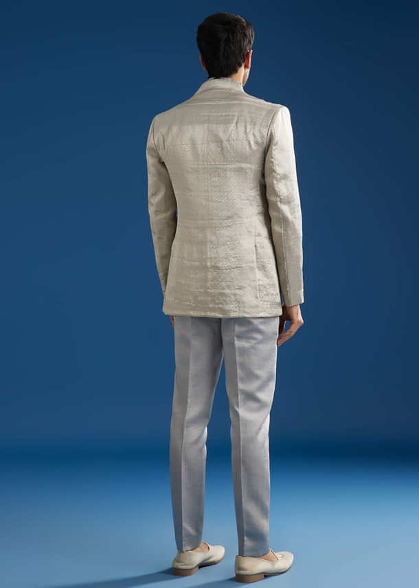 Silver Linen Satin Banarasi Jacket Kurta Set With Hand Embroidery