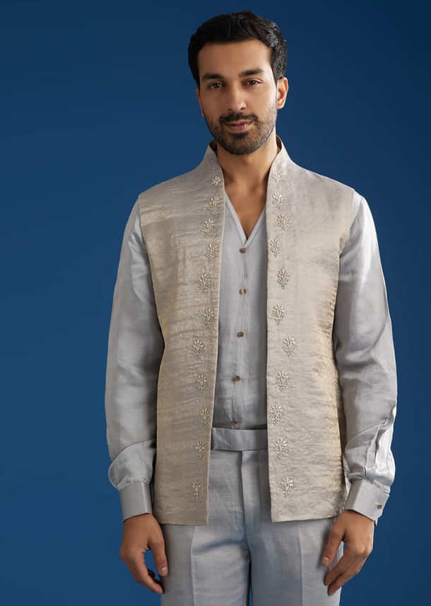 Silver Linen Satin Banarasi Jacket Kurta Set With Hand Embroidery