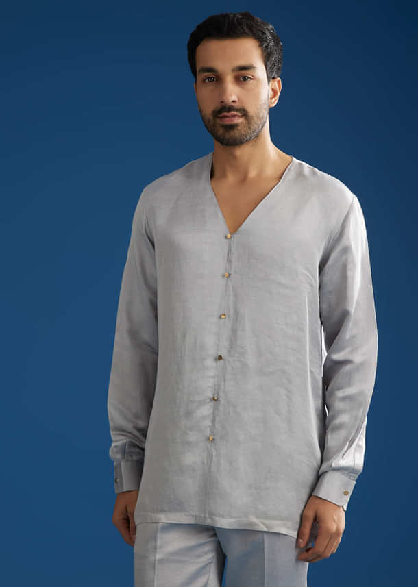 Silver Linen Satin Banarasi Jacket Kurta Set With Hand Embroidery