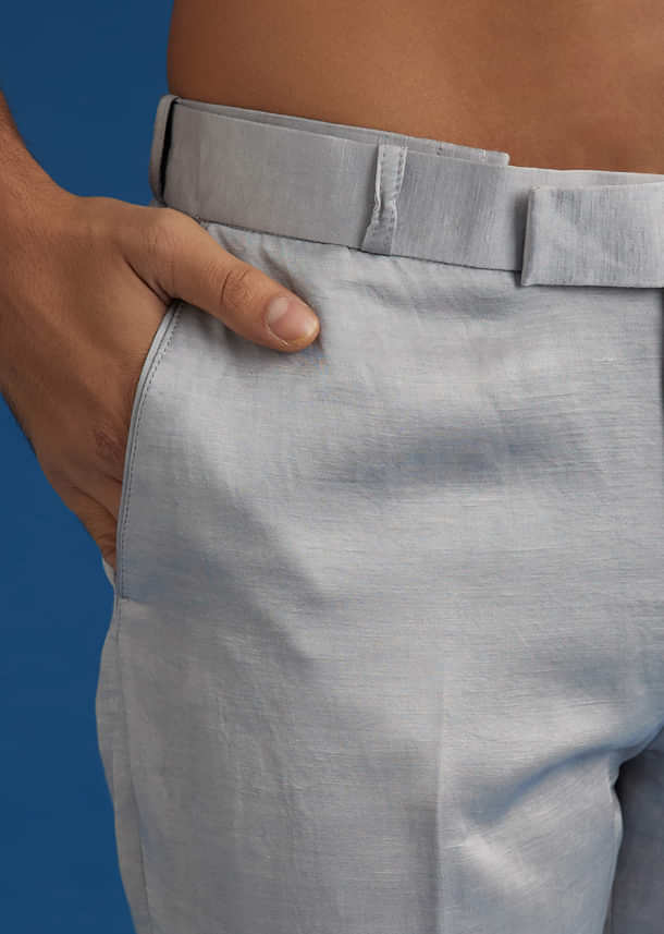 Silver Linen Satin Banarasi Jacket Kurta Set With Hand Embroidery