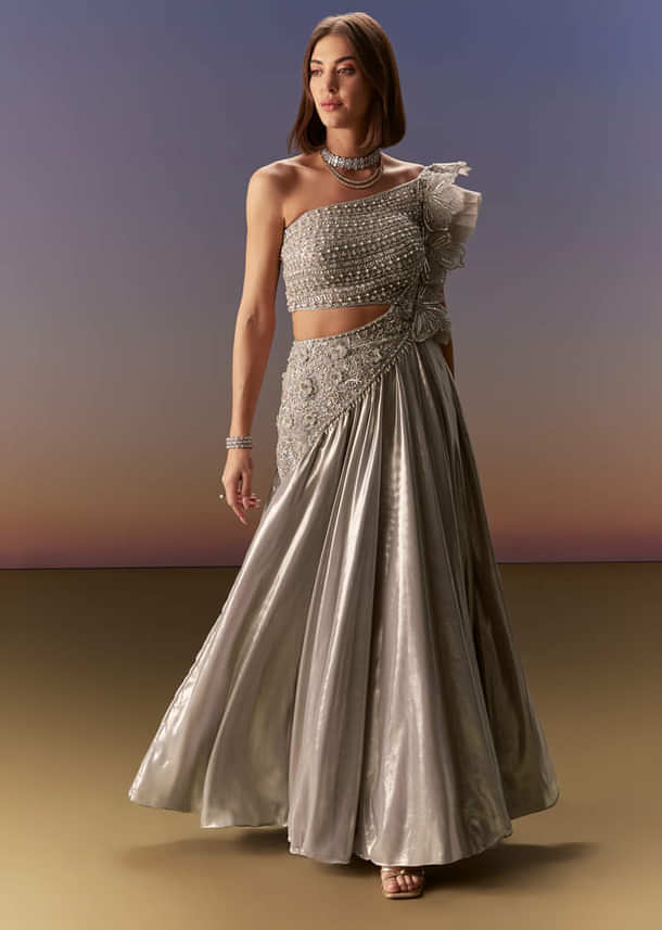Silver One Shoulder Gown With Intricate Cut Dana Embroidery