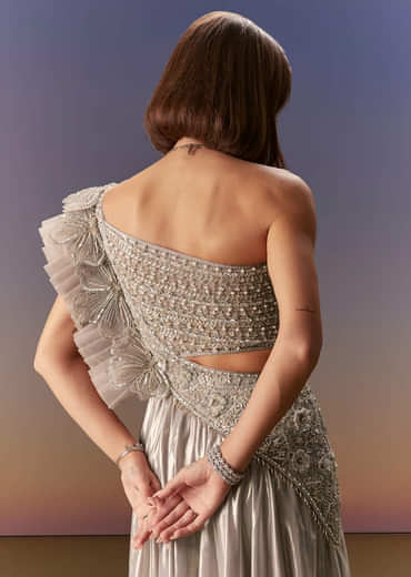 Silver One Shoulder Gown With Intricate Cut Dana Embroidery