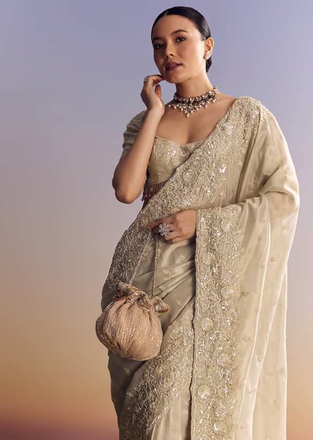 Silver Tissue Saree Embellished With Beads And Sequins