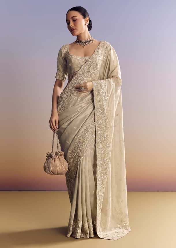 Silver Tissue Saree Embellished With Beads And Sequins