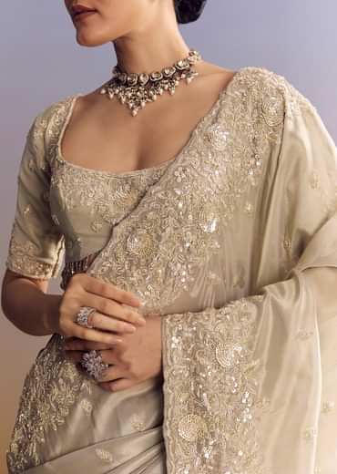 Silver Tissue Saree Embellished With Beads And Sequins