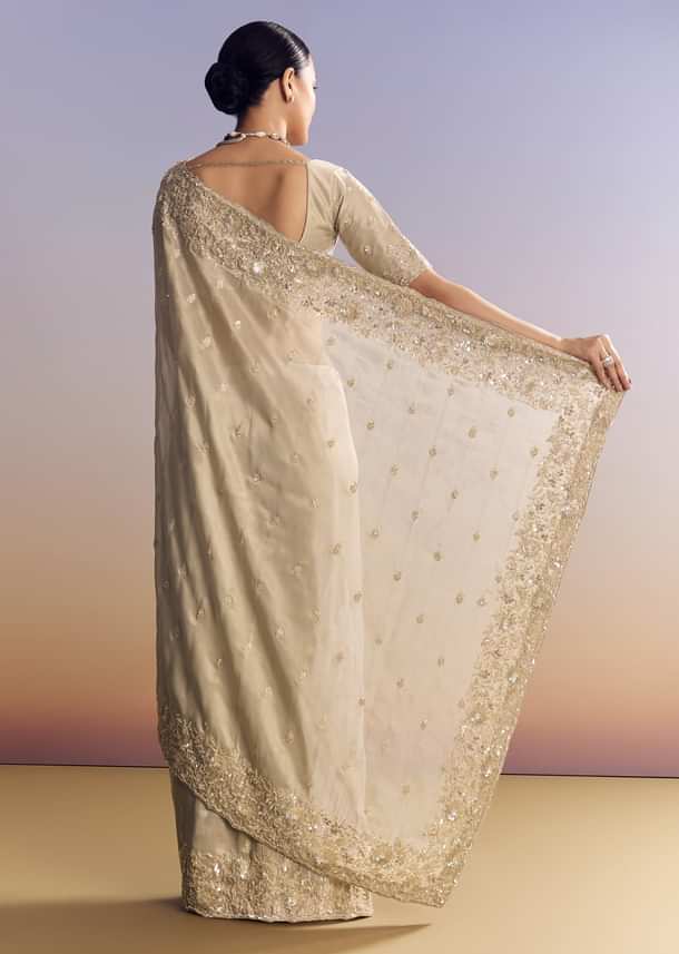 Silver Tissue Saree Embellished With Beads And Sequins