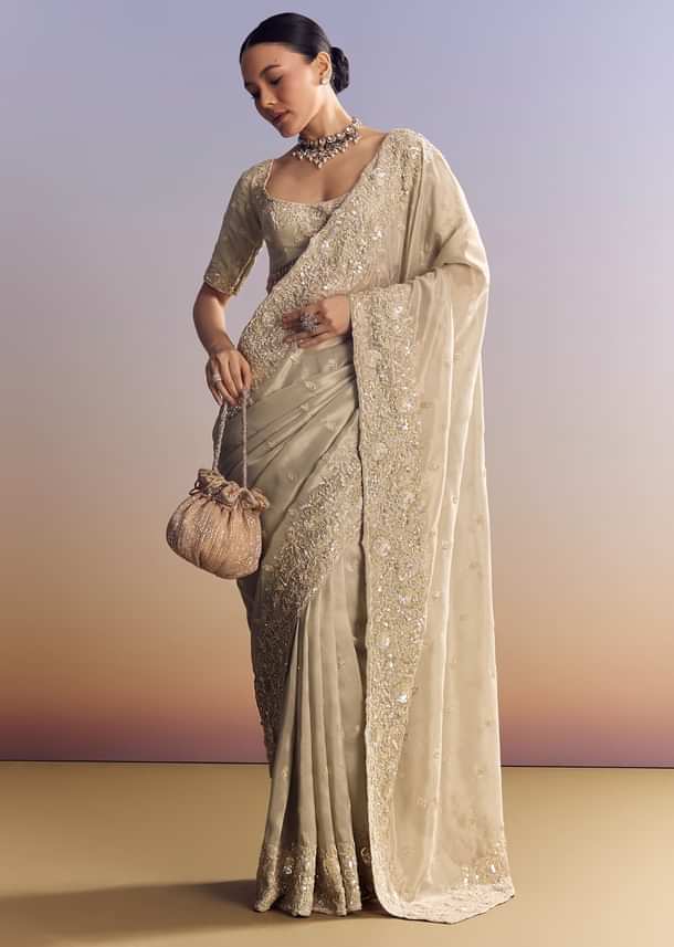 Silver Tissue Saree Embellished With Beads And Sequins