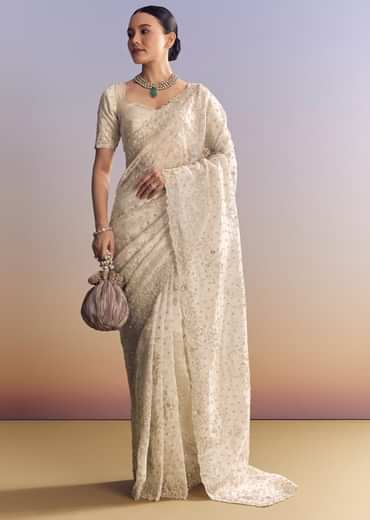 Silver Tissue Saree With Cutwork And Unstitched Embellished Blouse