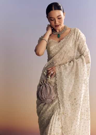 Silver Tissue Saree With Cutwork And Unstitched Embellished Blouse