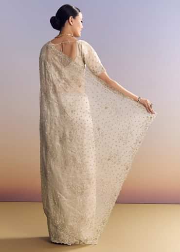 Silver Tissue Saree With Cutwork And Unstitched Embellished Blouse