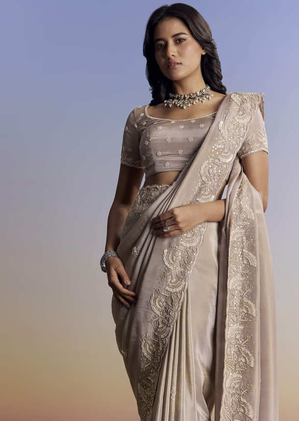 Silver Tissue Saree With Embroidered Scallop Border And Sequin Moti Work