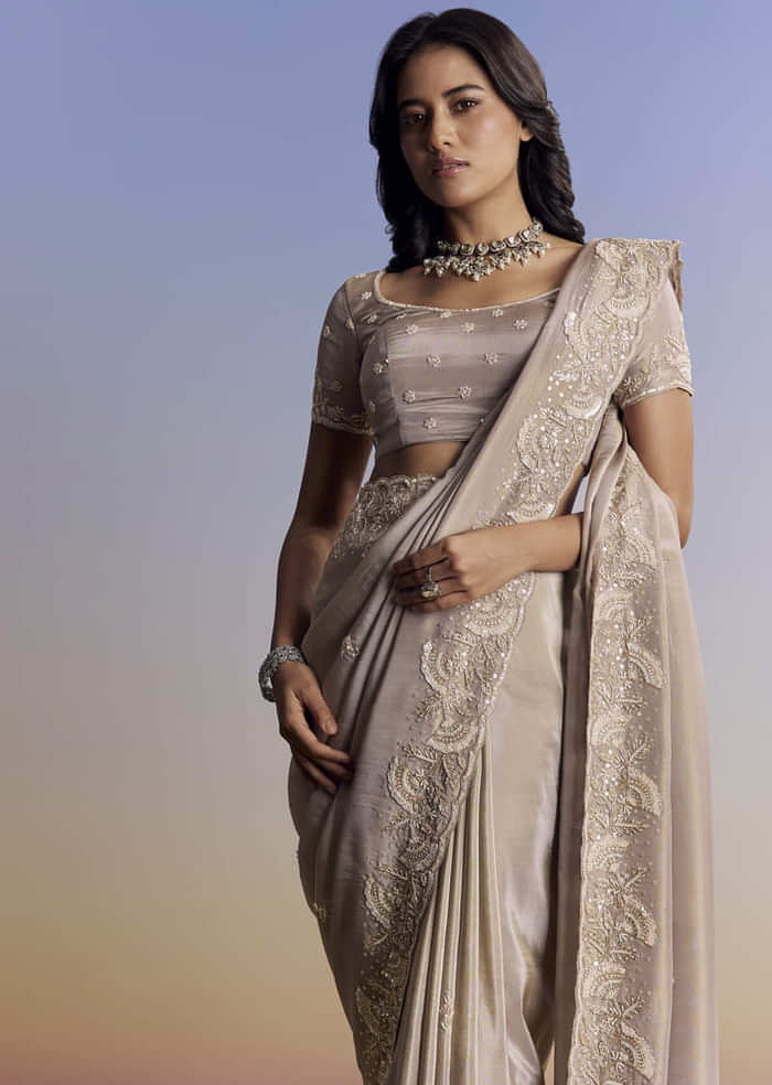 Silver Tissue Saree With Embroidered Scallop Border And Sequin Moti Work