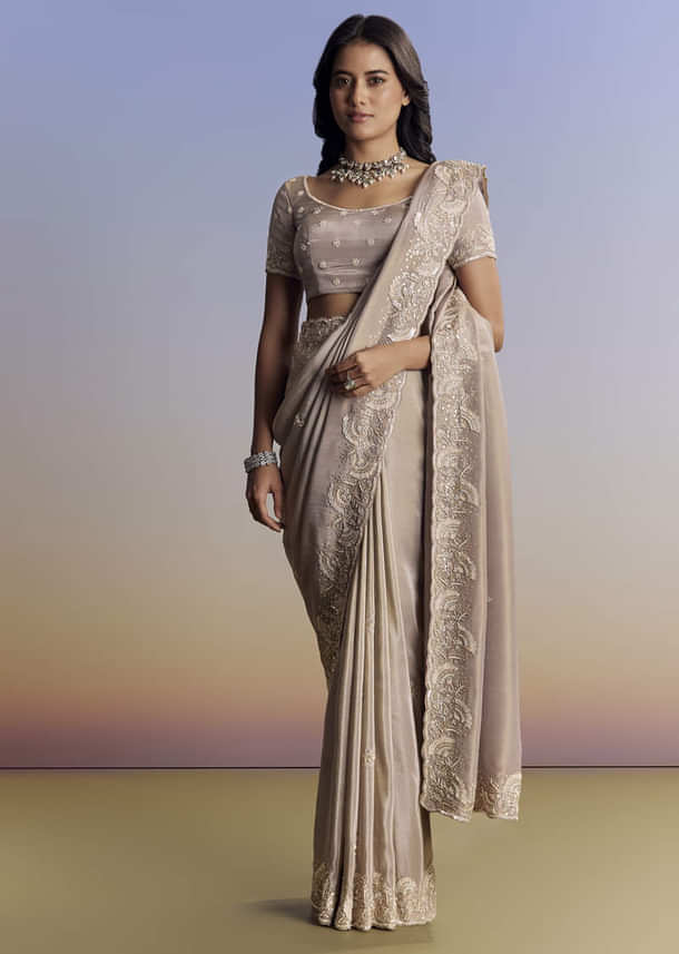 Silver Tissue Saree With Embroidered Scallop Border And Sequin Moti Work